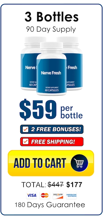 Nerve Fresh 3 bottles — $59 per bottle, 90-day supply, free shipping, 2 free bonuses, 180-day guarantee