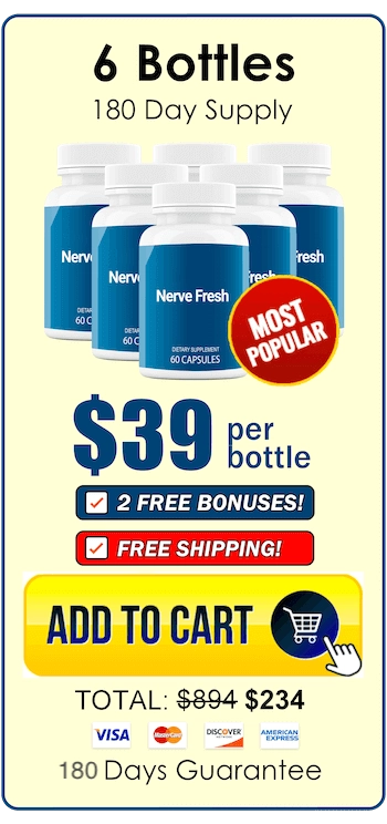 Nerve Fresh 6 bottles — $39 per bottle, 180-day supply, free shipping, 2 free bonuses, 180-day guarantee
